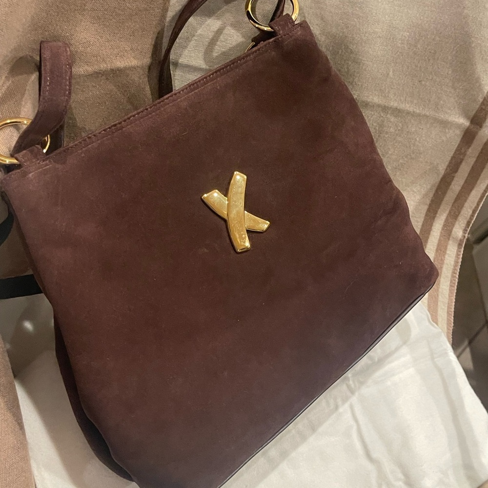 Paloma Picasso Vintage Elegant Brown Suede Bag with Gold Accents